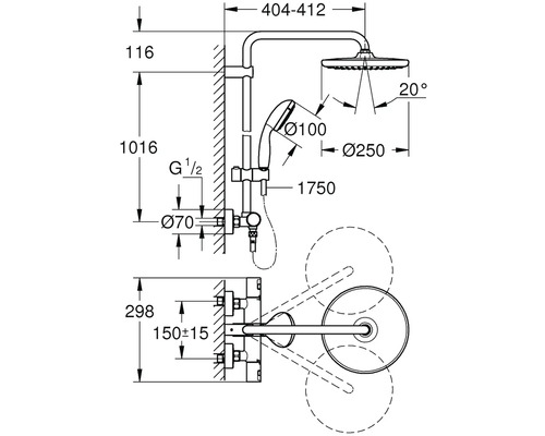 Technický nákres sprchového systému s rozmermi