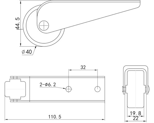 Technický nákres nábytkového kolieska s rozmermi