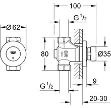 Technický nákres ventilu Grohe s rozmermi