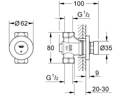 Technický nákres ventilu Grohe s rozmermi