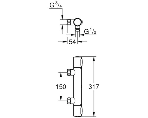 Technický nákres termostatu s rozmermi