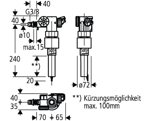 Technický nákres rohového regulačného ventilu s rozmermi.