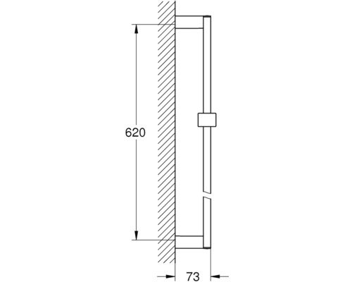 Technický nákres sprchovej tyče s rozmermi 620 milimetrov a 73 milimetrov