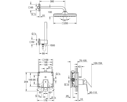 Technický nákres sprchového systému s rozmermi