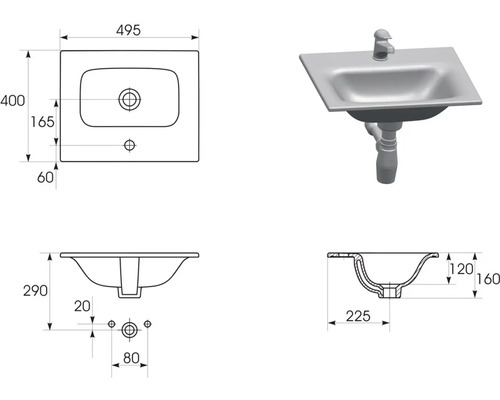 Nákres umývadla na dosku s rozmermi