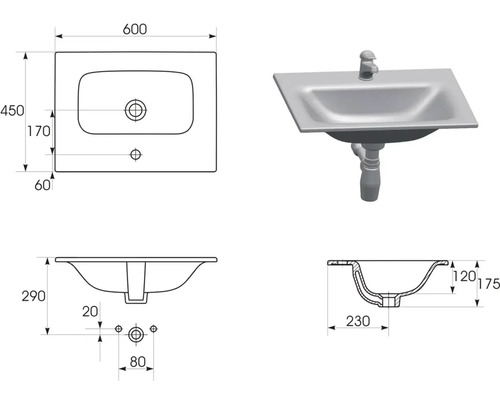 Technický nákres umývadla s rozmermi.