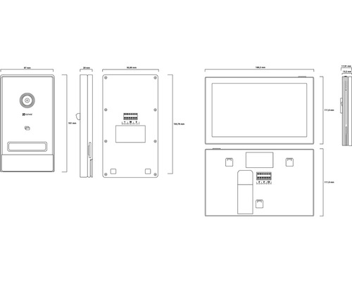 Technický výkres videovrátnika Ezviz s rozmermi