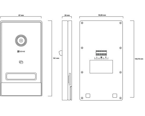 Technický nákres zámku dverí EZVIZ s rozmermi 87 milimetrov šírka, 161 milimetrov výška, 20 milimetrov hrúbka a 92,85 milimetrov šírka zadnej strany, 163,76 milimetrov výška zadnej strany