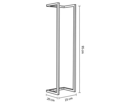 Výkres kovového vešiaka na uteráky s rozmermi 95 cm výška, 20 cm šírka a 25 cm hĺbka