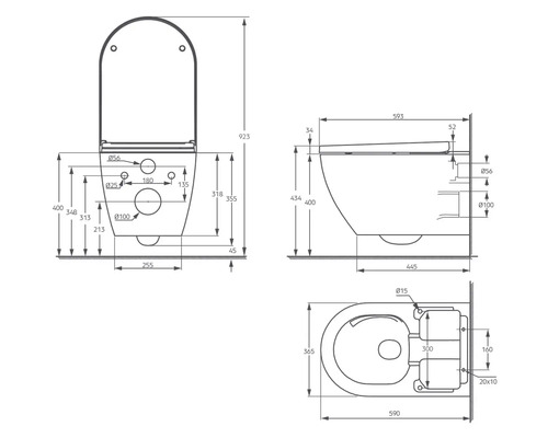 Technický nákres závesného WC s rozmermi