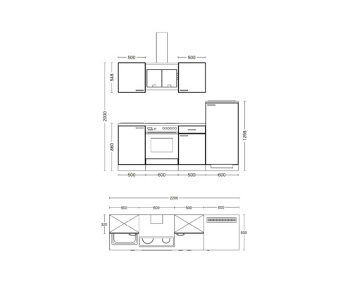 Návrh kuchyne s rozmermi pre spodné skrinky, horné skrinky a spotrebiče