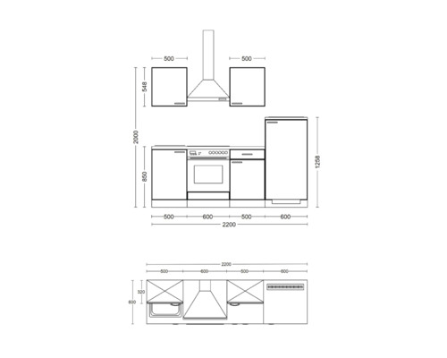 Nákres kuchynskej linky s rozmermi.