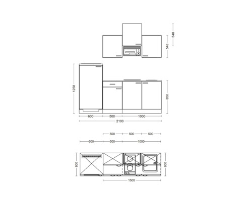 Nákres kuchynskej linky s rozmermi