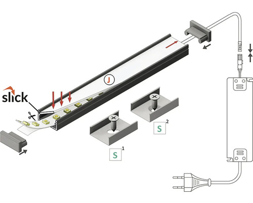 Montážny návod pre LED lištu s profilom, LED pásikom, držiaky, napájacím zdrojom a zástrčkou