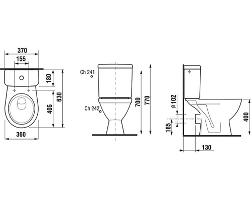 Technický výkres toalety s rozmermi