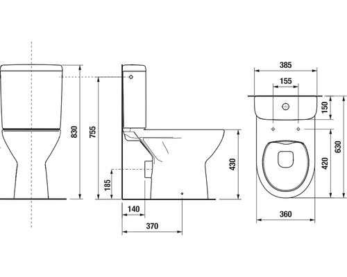 Technický nákres stojaceho WC s rozmermi