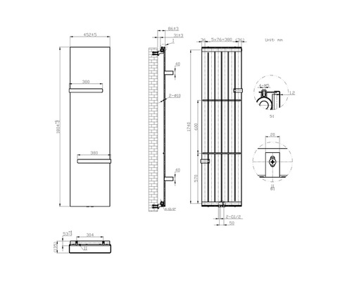 Technický výkres vykurovacieho telesa s rozmermi