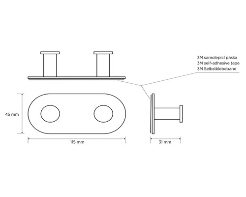 Technický výkres dvojitého háčika s lepiacou páskou 3M a rozmermi