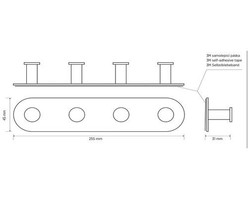 Technický nákres vešiaka so štyrmi háčikmi, rozmermi a informácie o lepiacej páske 3M.
