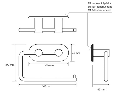 Technický nákres držiaka toaletného papiera s rozmermi 100 mm, 45 mm, 145 mm a 42 mm a 3M samolepiacou páskou.