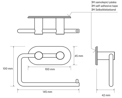 Technický nákres držiaka toaletného papiera s rozmermi a poznámkou o lepiacej páske 3M