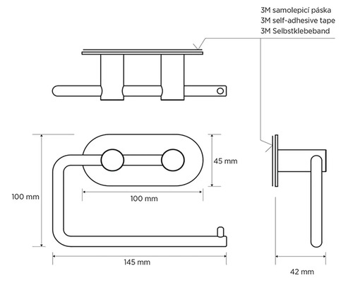 Technický nákres držiaka toaletného papiera so samolepiacou páskou 3M a rozmermi