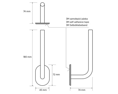 Technický nákres vešiaka na šaty s rozmermi a 3M samolepiacou páskou.