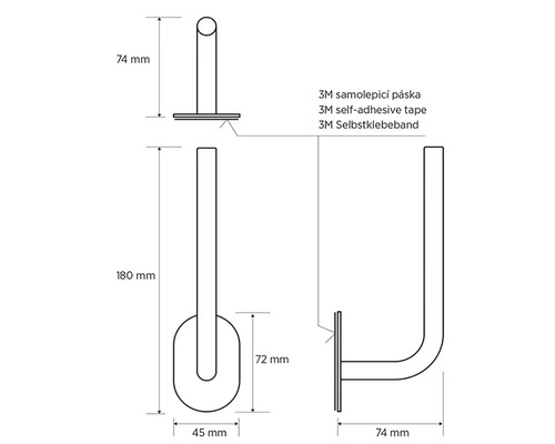 Technický nákres držiaka na uteráky s rozmermi 74 mm, 180 mm a 45 mm, vrátane 3M samolepiacej pásky