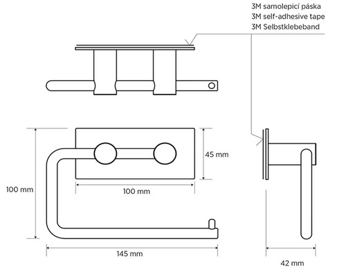 Technický nákres držiaka toaletného papiera s rozmermi a 3M samolepiacou páskou