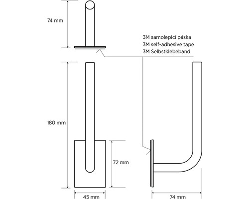 Technický nákres nástenného háčika s rozmermi a lepiacou páskou 3M