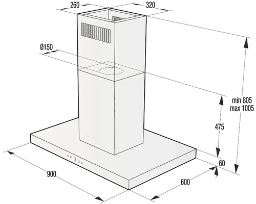 Technický nákres odsávača pár s rozmermi