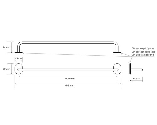 Technický nákres držadla s rozmermi 645 mm dĺžky a 74 mm výšky