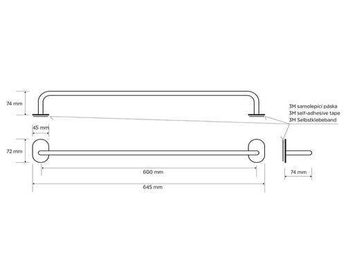 Technický nákres držadla s rozmermi 645 x 74 milimetrov a držiaka na uteráky s dĺžkou 600 milimetrov.