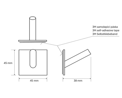 Technický nákres vešiaka s rozmermi 45 krát 45 krát 38 milimetrov a 3M samolepiaca páska