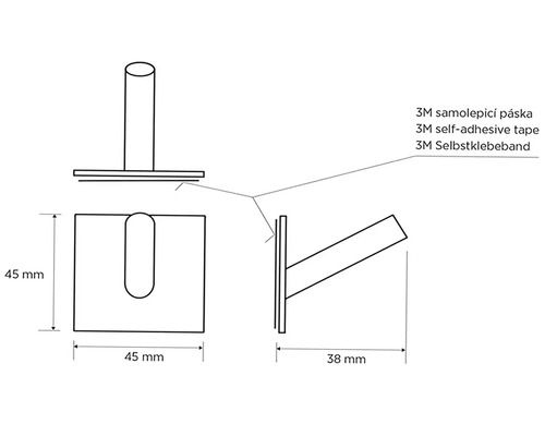 Technický nákres nástenného háčika so samolepiacou páskou 3M a rozmermi