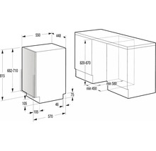 Technický výkres vstavanej chladničky s rozmermi