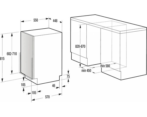 Technický výkres vstavanej chladničky s rozmermi