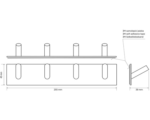 Technický nákres samolepiacej lišty na háčiky so štyrmi háčikmi a rozmermi.