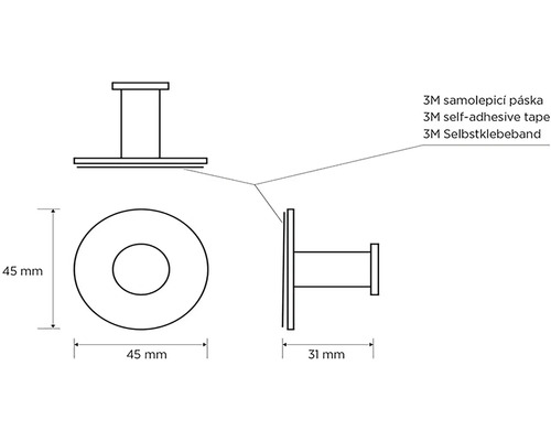 Technický nákres vešiaka na oblečenie s rozmermi 45 krát 45 krát 31 milimetrov.