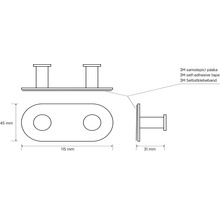 Technický nákres vešiaka s rozmermi 45 mm výška, 115 mm šírka a 31 mm hĺbka a poznámkou o 3M samolepiacej páske
