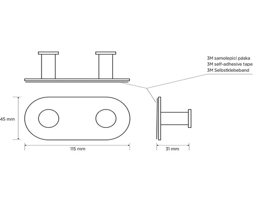 Technický nákres dvojitého háčika so samolepiacou 3M páskou a rozmermi