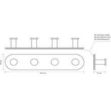 Technický nákres nástennej vešiakovej lišty so štyrmi háčikmi a rozmermi 45 mm, 255 mm a 31 mm.