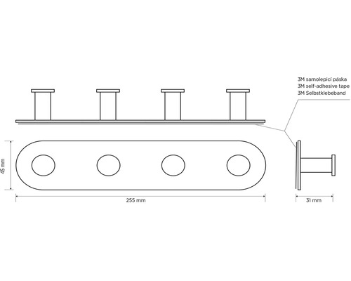 Technický nákres nástennej vešiakovej lišty so štyrmi háčikmi a rozmermi 45 mm, 255 mm a 31 mm.