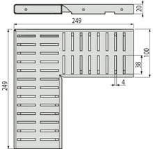 Technický nákres rohového dielu s rozmermi 249 x 249 mm, šírkou 100 mm a výškou 20 mm.