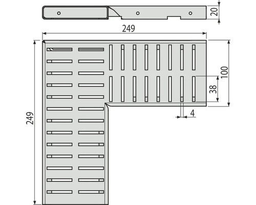 Technický nákres rohového dielu s rozmermi 249 x 249 mm, šírkou 100 mm a výškou 20 mm.