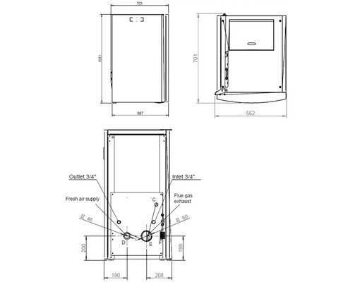 Technický nákres kachlí s rozmermi pre inštaláciu