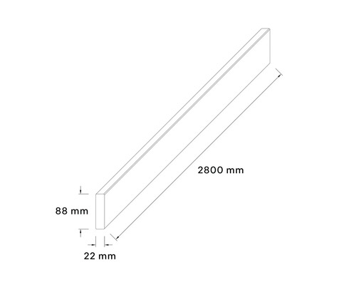 Nákres soklovej lišty s rozmermi 2800 mm dĺžka, 88 mm výška a 22 mm šírka.