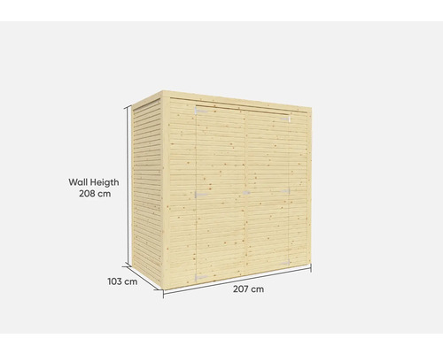 Drevená skriňa na náradie s rozmermi 207 cm x 103 cm a výškou steny 208 cm