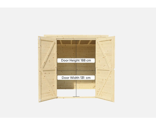 Drevený záhradný domček s otvorenými dvojkrídlovými dverami, výška dverí 188 cm, šírka dverí 131 cm