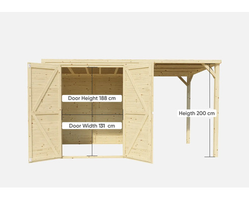 Záhradný domček z dreva s dvojkrídlovými dverami a prístreškom pre auto, výška dverí 188 cm, šírka dverí 131 cm, výška prístrešku pre auto 200 cm